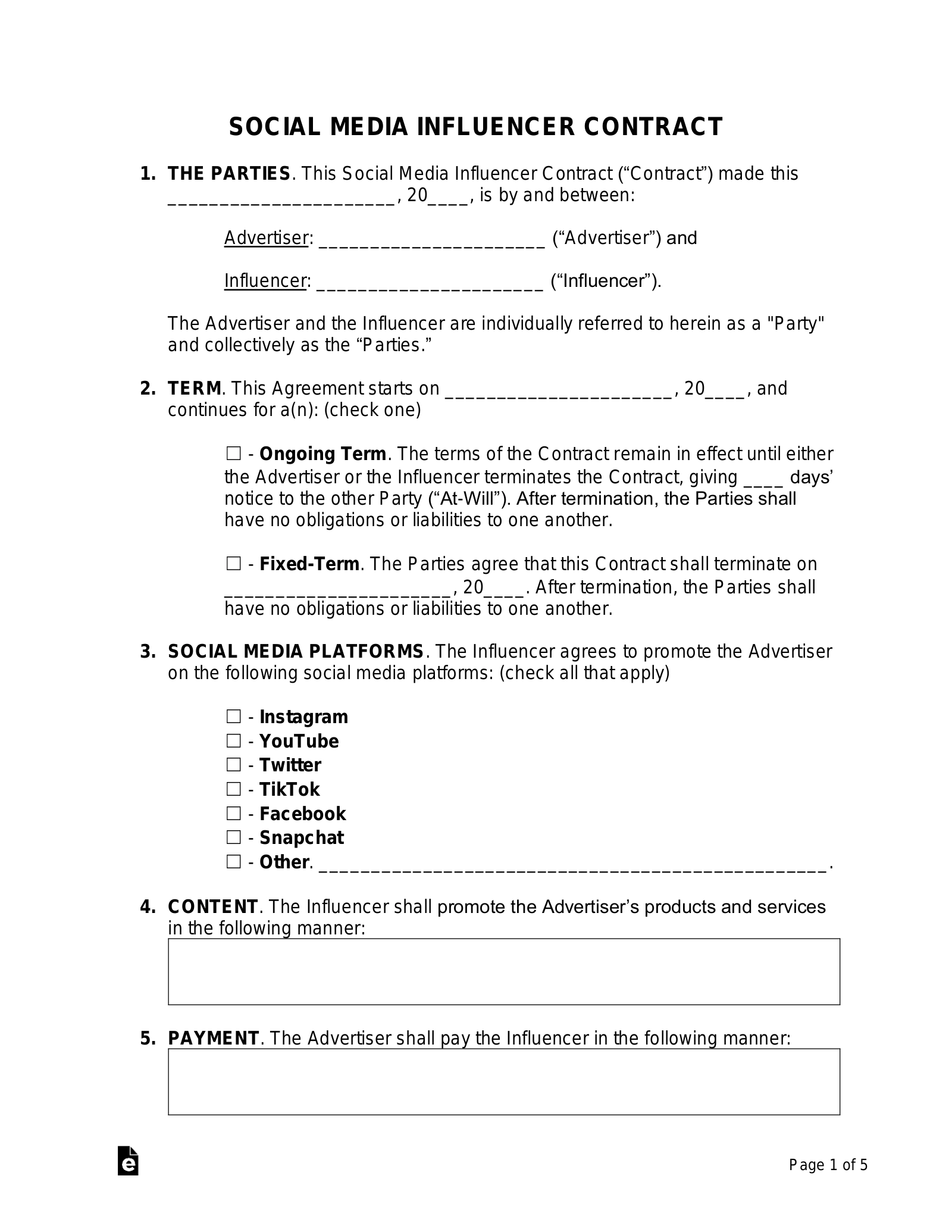 Free Influencer Agreement Template PDF Word EForms