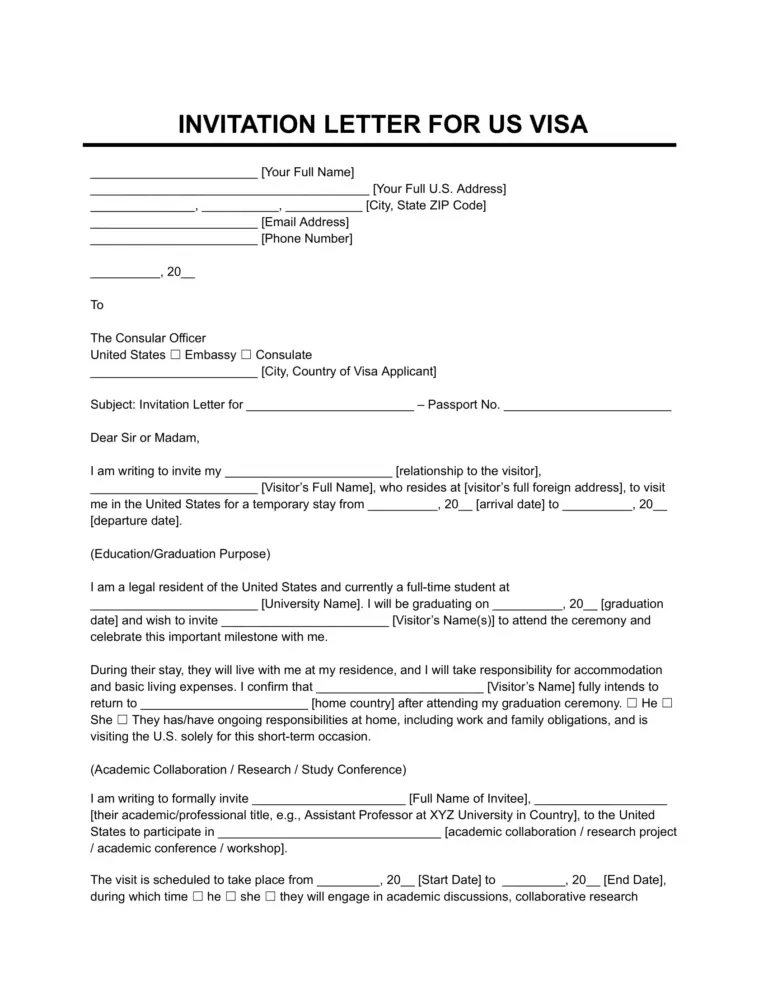 Free Invitation Letter For A US Visa Template With Sample