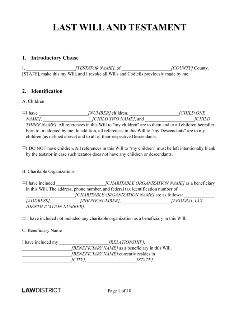 Free Last Will Testament Form PDF Word Lawdistrict