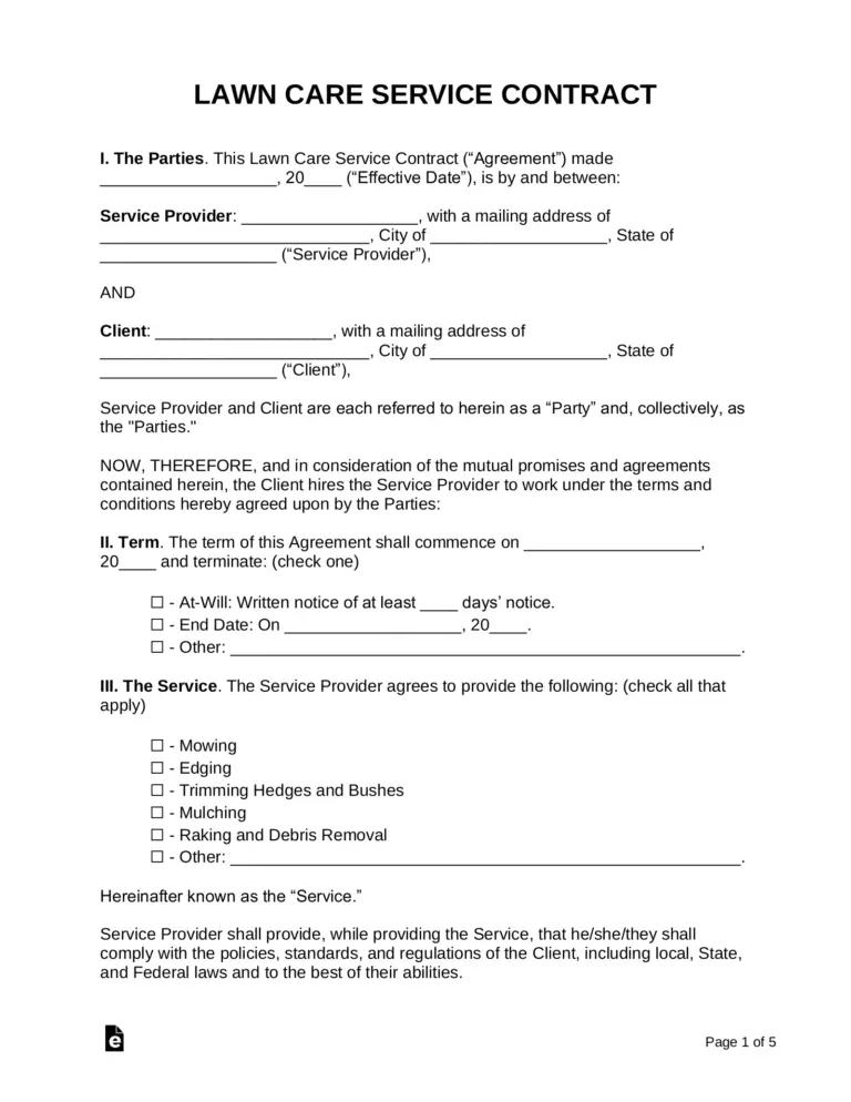 Free Lawn Care Service Contract Samples 3 PDF Word EForms