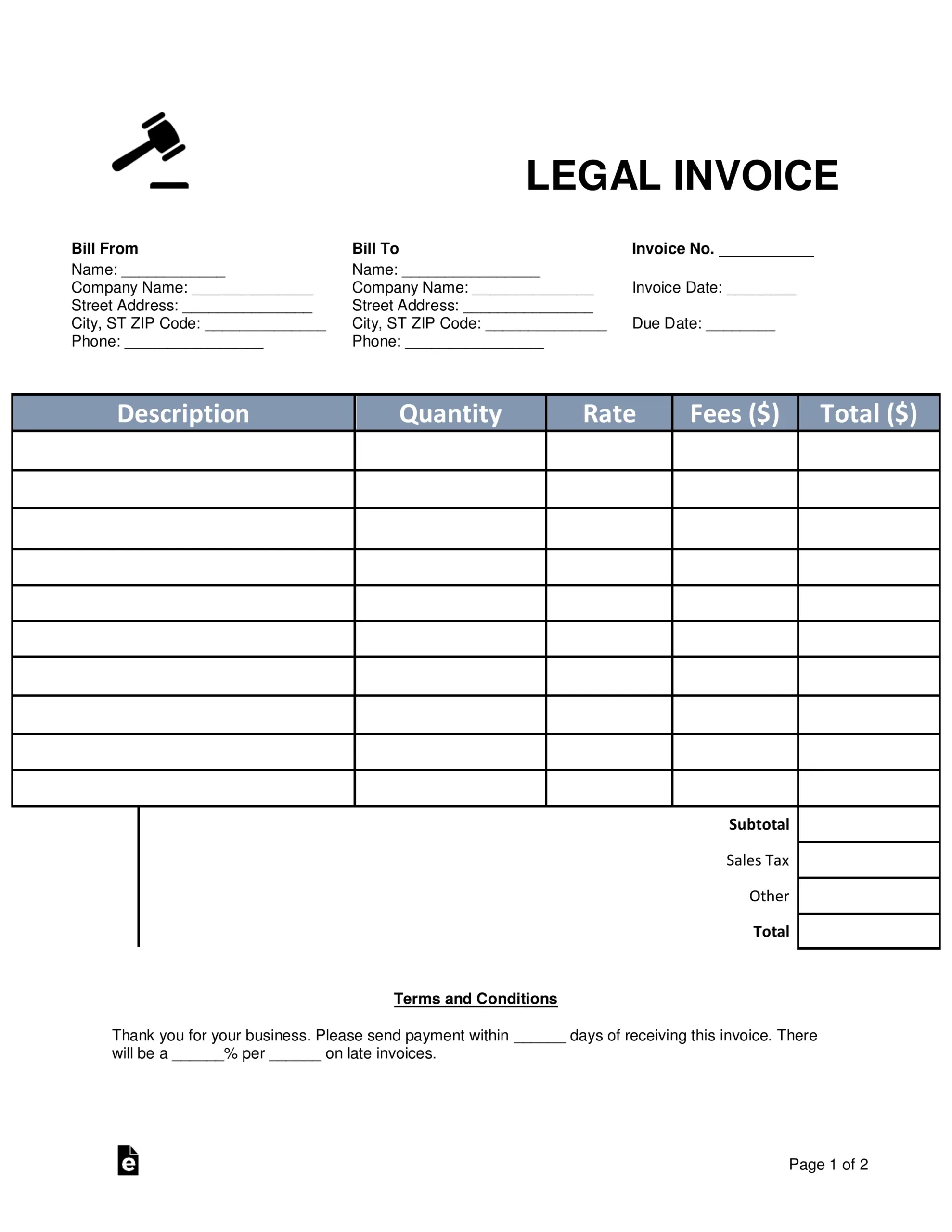Free Lawyer Attorney Legal Invoice Template PDF Word EForms
