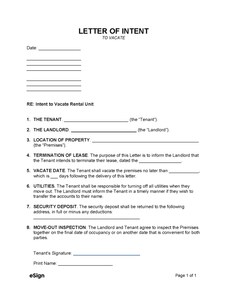 Free Letter Of Intent To Vacate PDF Word