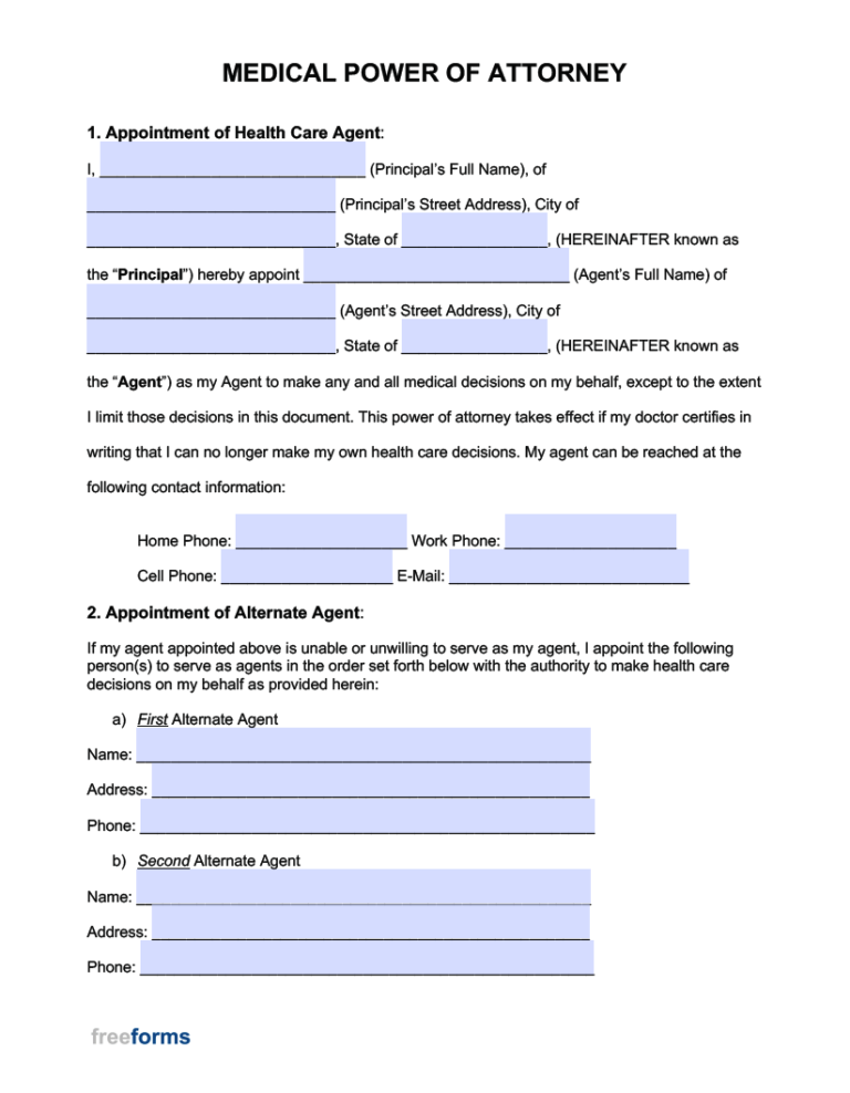 Free Medical Power Of Attorney Form PDF Word