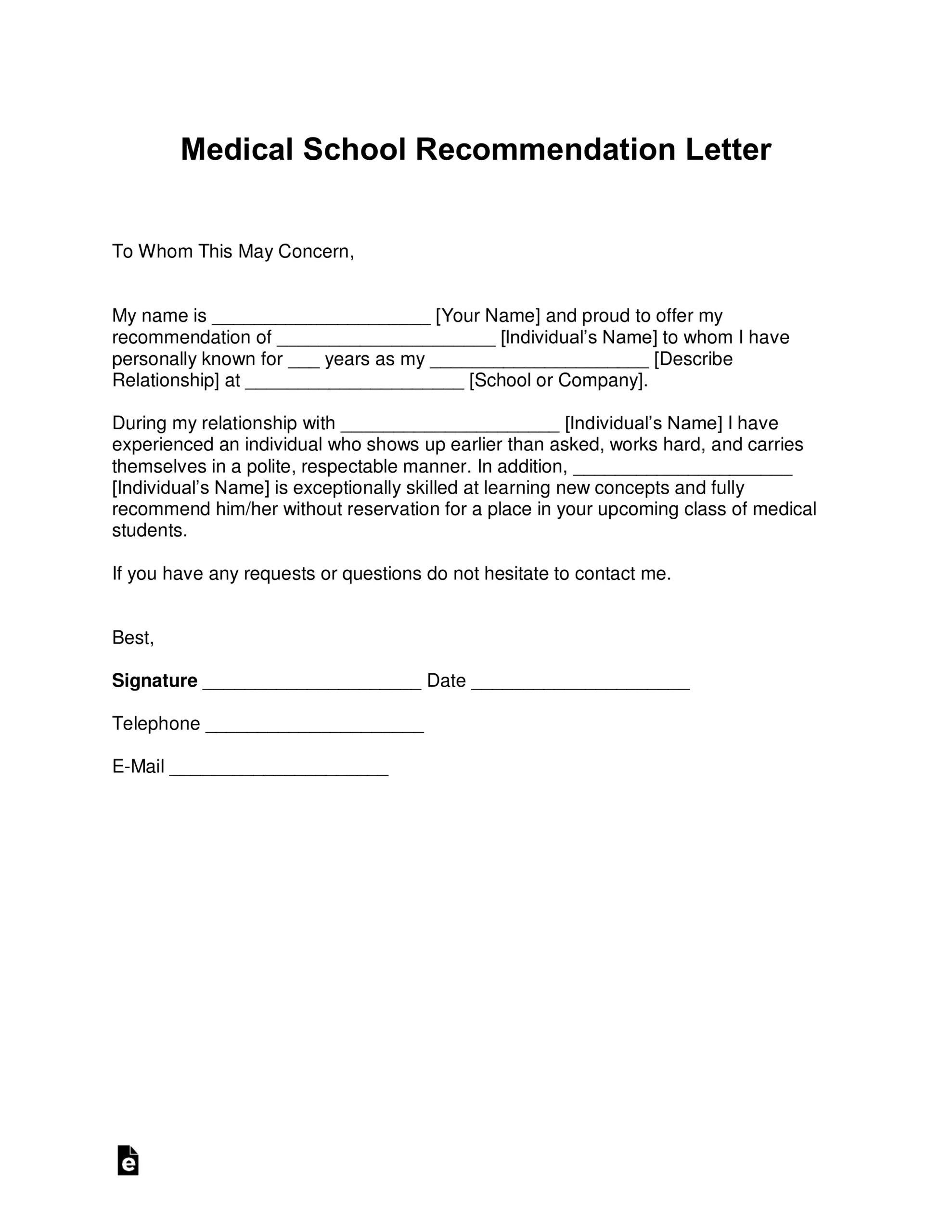 Free Medical School Letter Of Recommendation Template PDF Word EForms