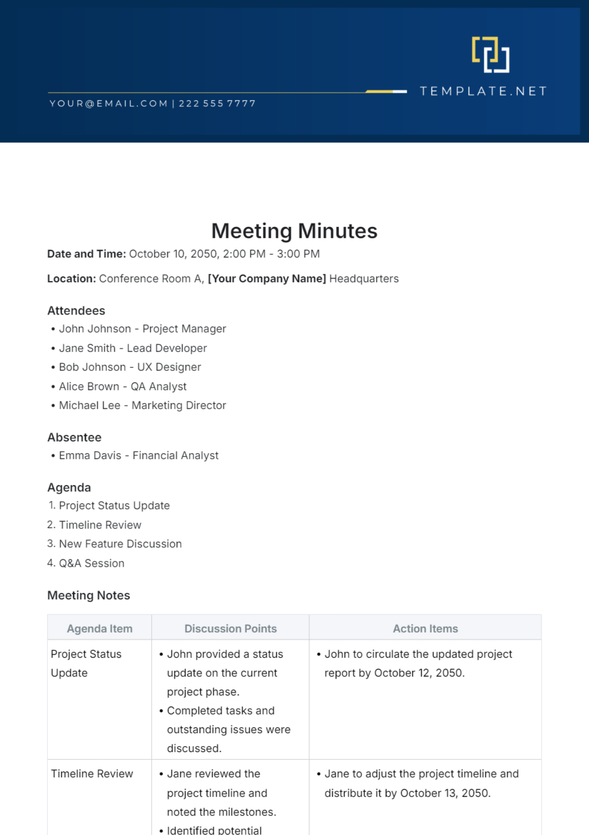 Free Meeting Minutes Template To Edit Online