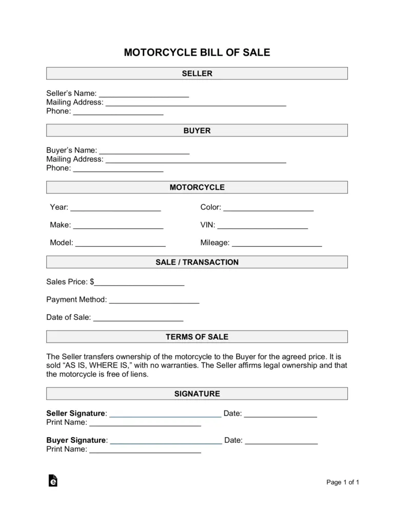 Free Motorcycle Bill Of Sale Form PDF Word EForms