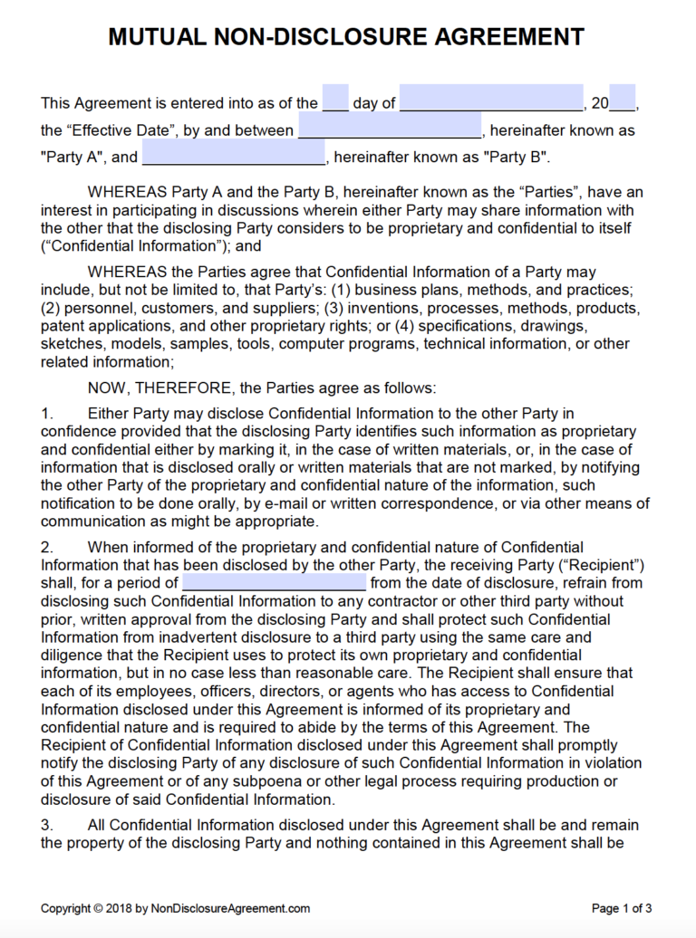 Free Mutual Non Disclosure Agreement NDA PDF Word docx 