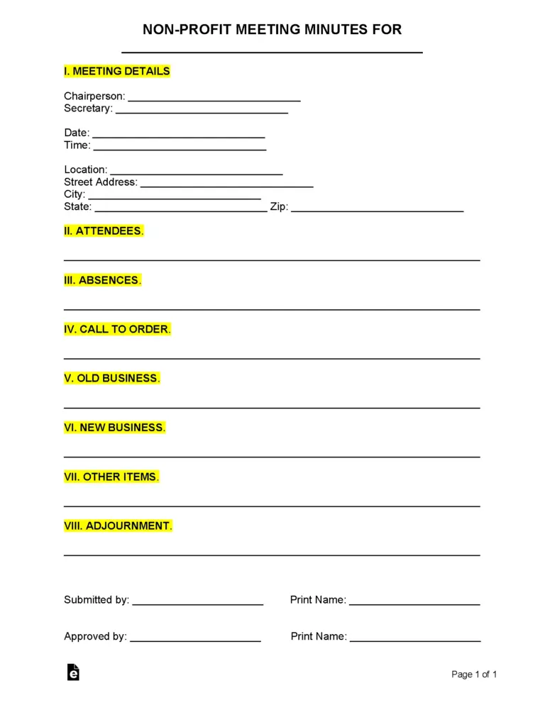 Free Non Profit Meeting Minutes Template PDF Word EForms