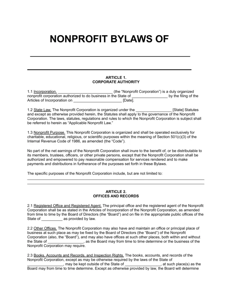 Free Nonprofit Bylaws Template PDF Word