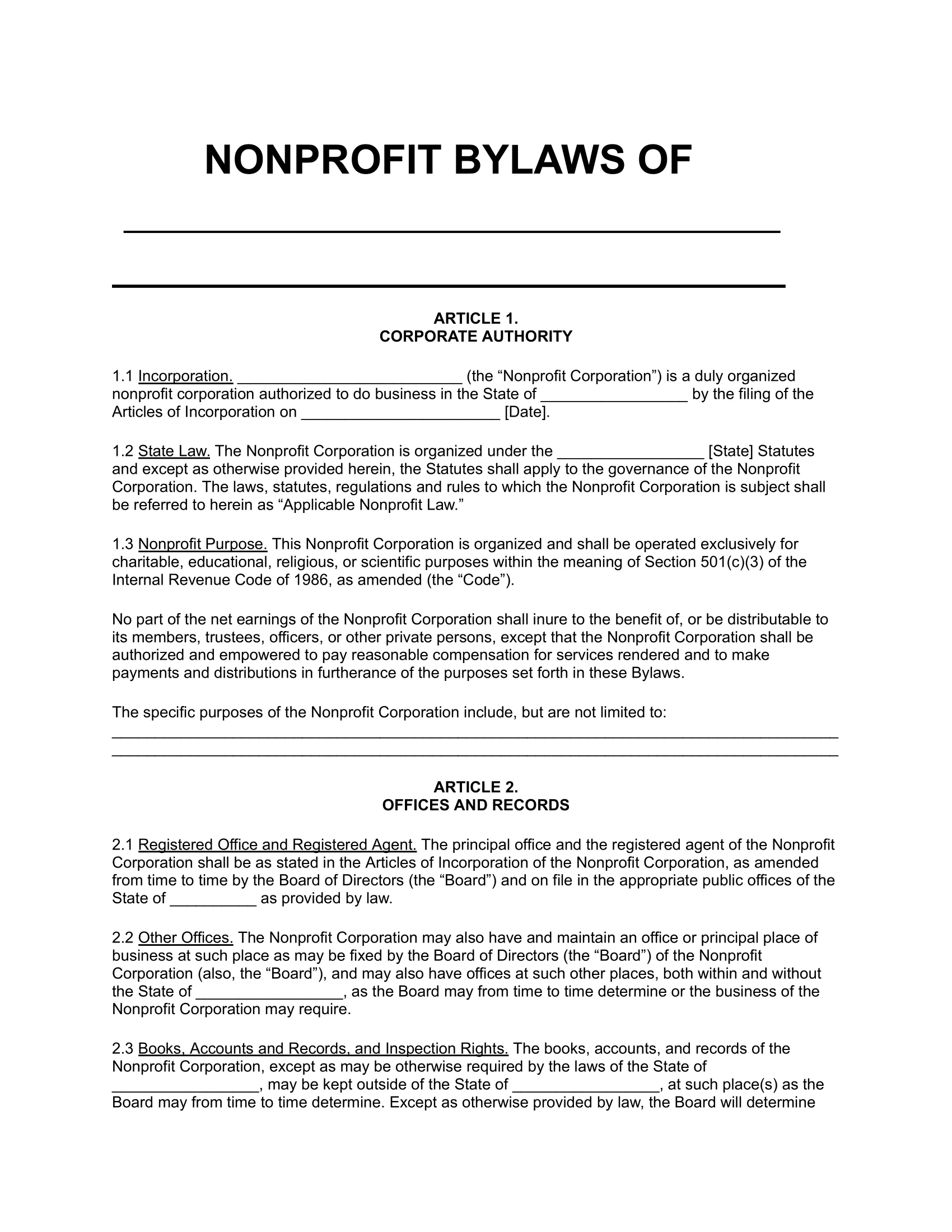 Free Nonprofit Bylaws Template PDF Word