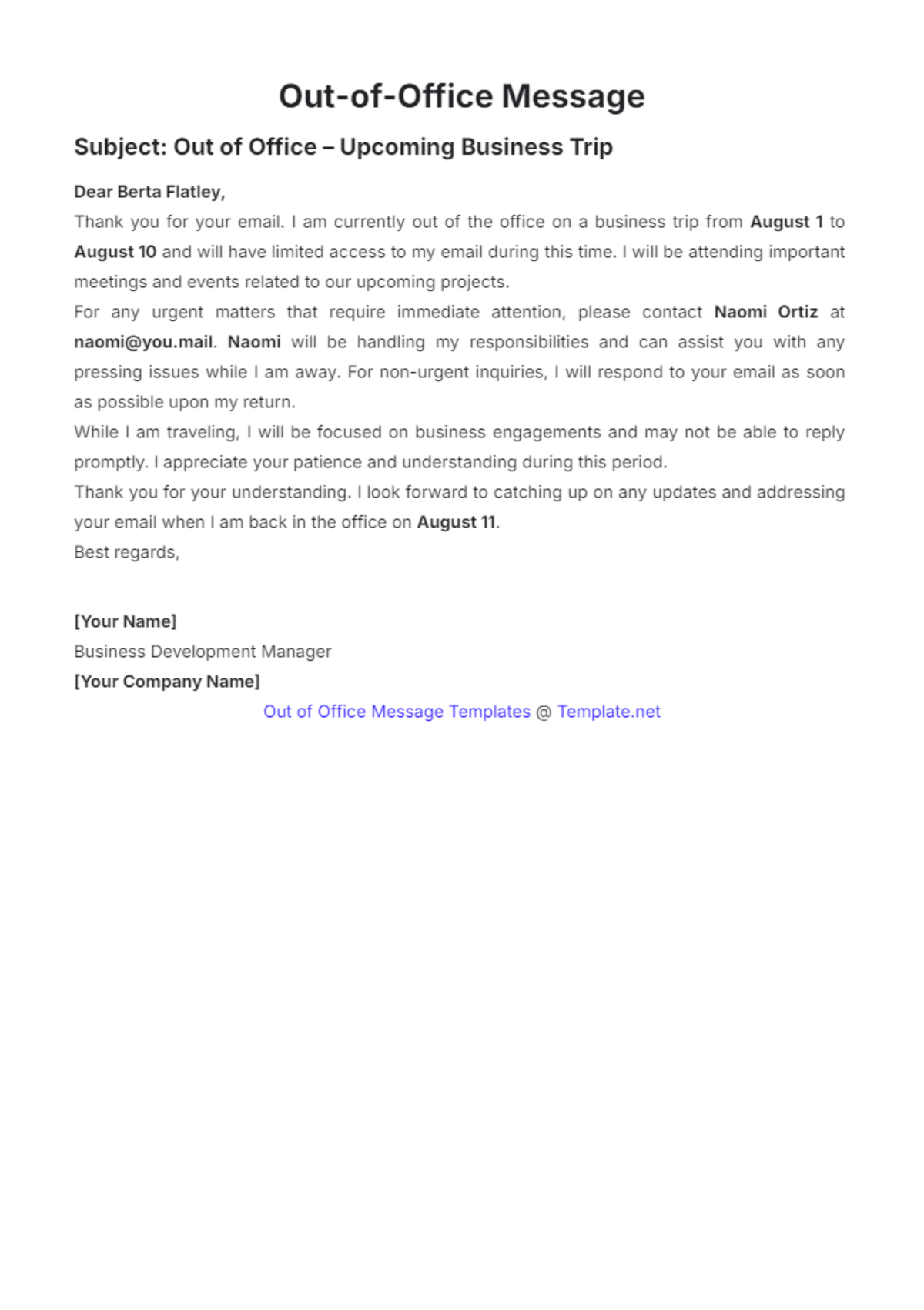 Free Out Of Office Message Templates To Edit Online Print