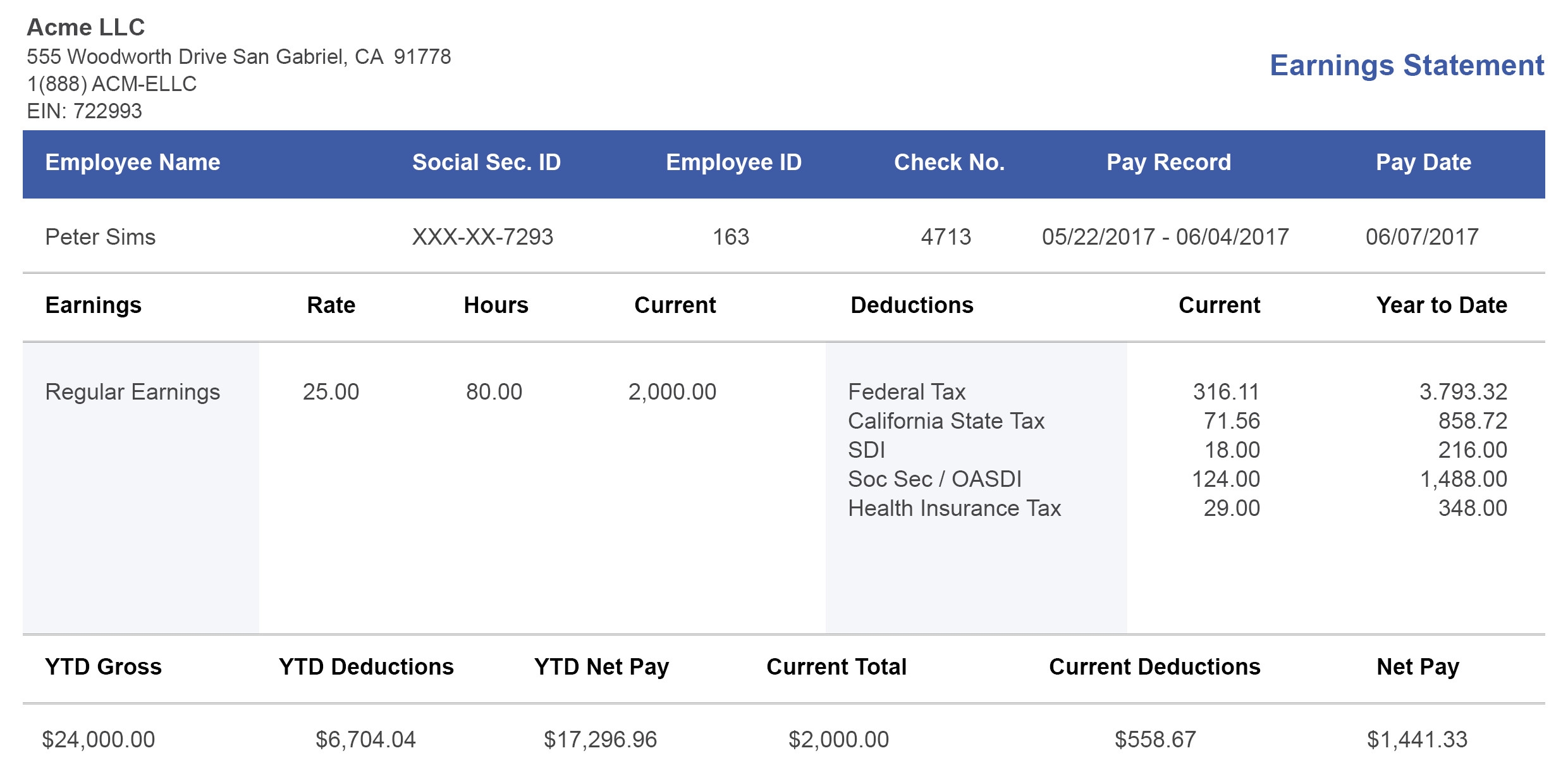 Free Pay Stub Template Preview Sample Paystubs Download