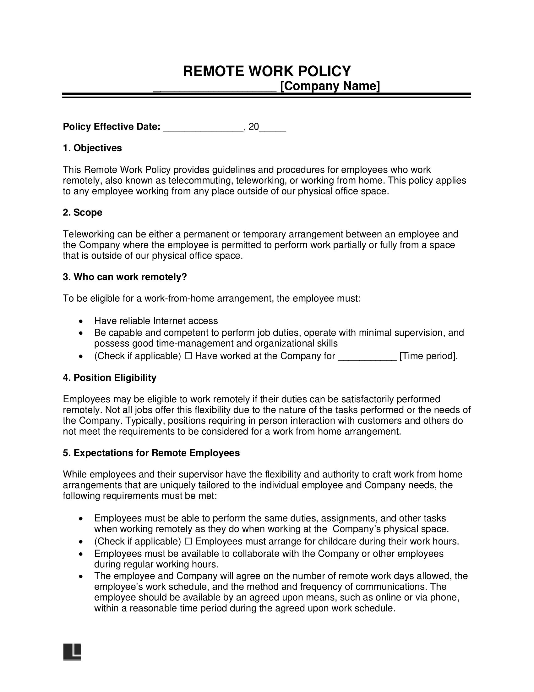 Free Remote Work Policy Template PDF Word