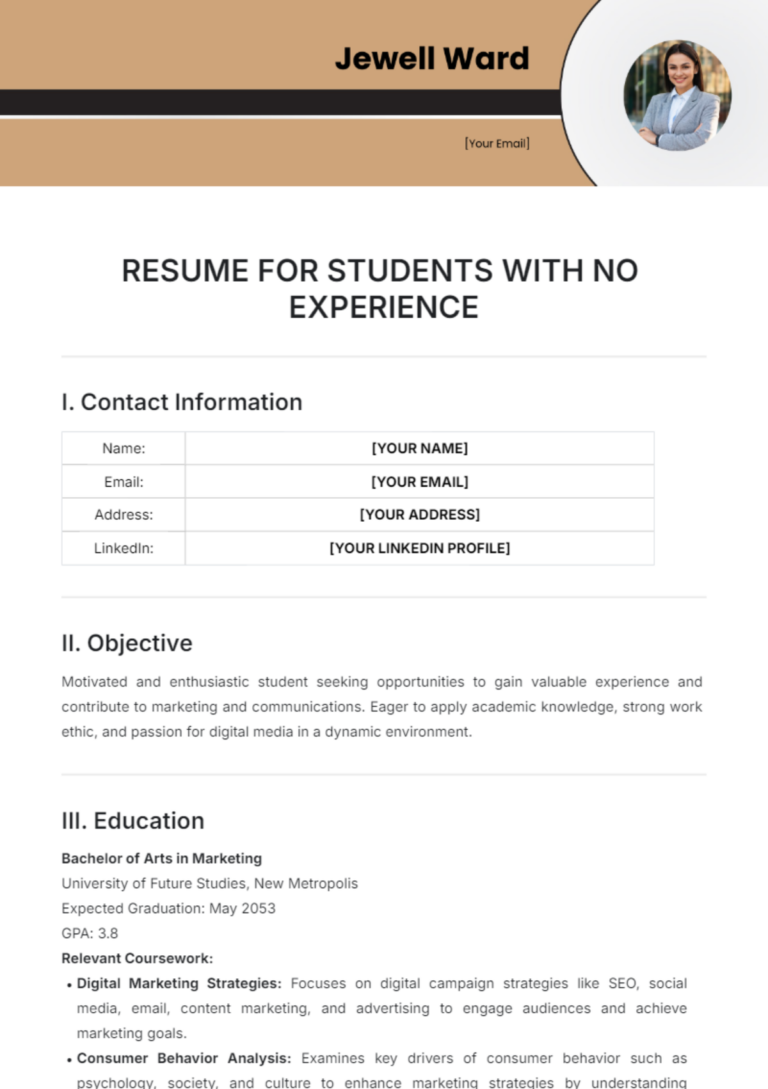 Free Resume For Students With No Experience Template To Edit Online