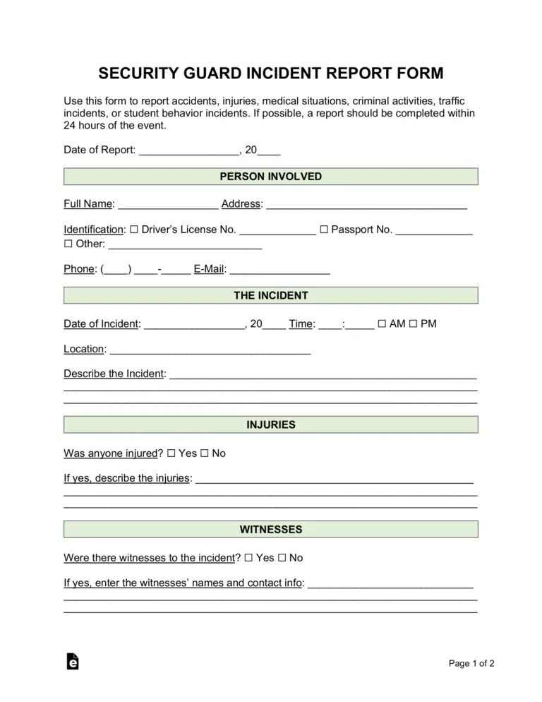 Free Security Guard Incident Report Template PDF Word EForms