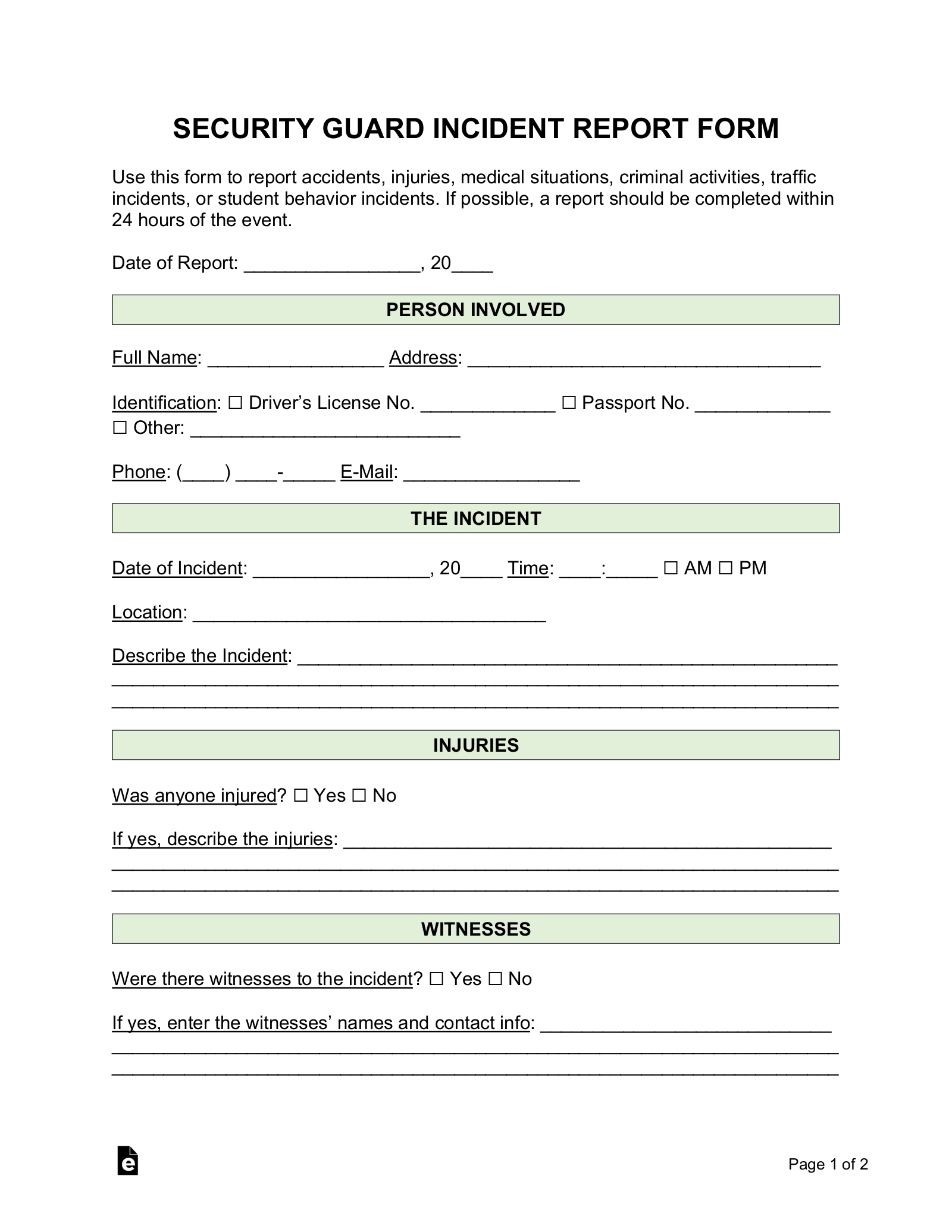 Free Security Guard Incident Report Template PDF Word EForms