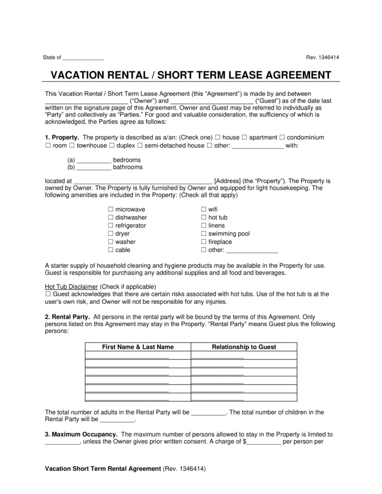Free Short Term Vacation Rental Agreement Template PDF