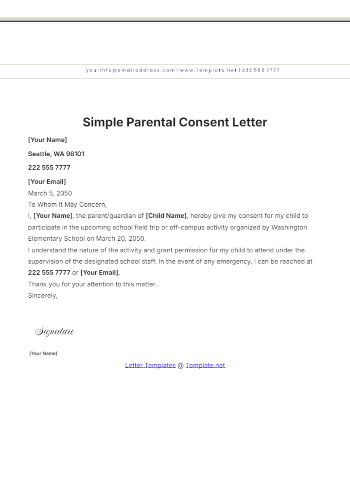 Free Simple Parental Consent Letter Template To Edit Online