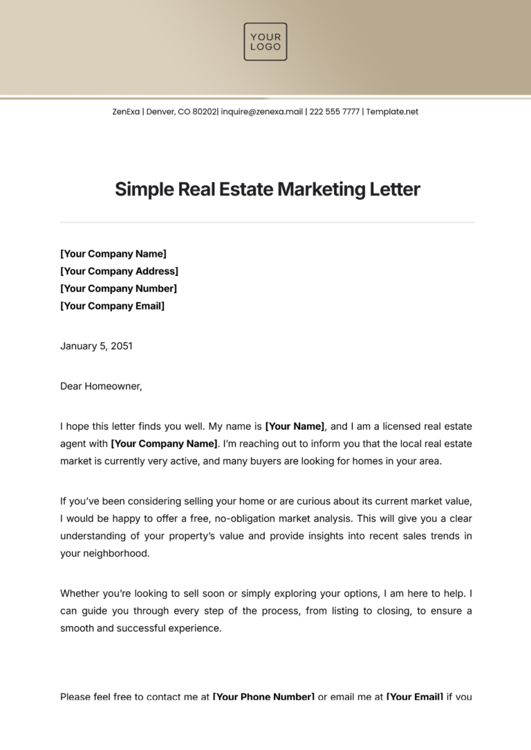 Free Simple Real Estate Marketing Letter Template To Edit Online