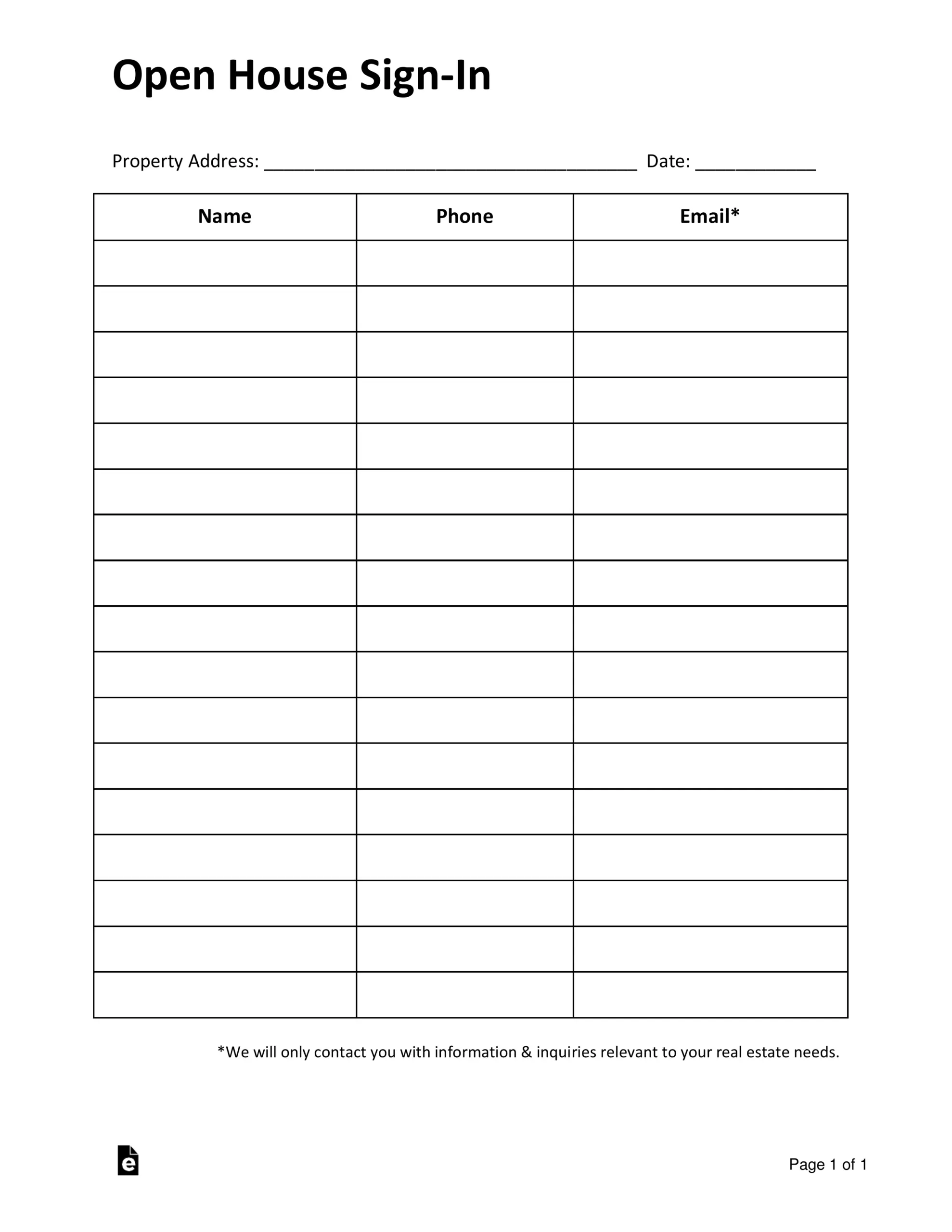 Free Simple Real Estate Open House Sign in Sheet PDF Word EForms