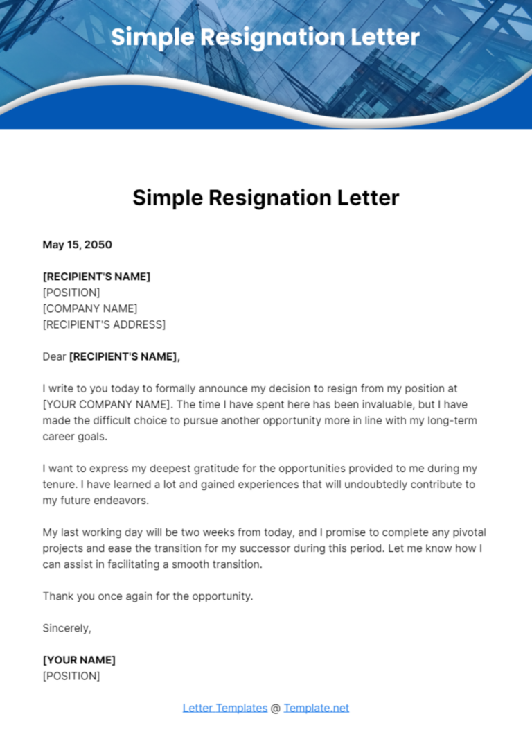 Free Simple Resignation Letter Template To Edit Online