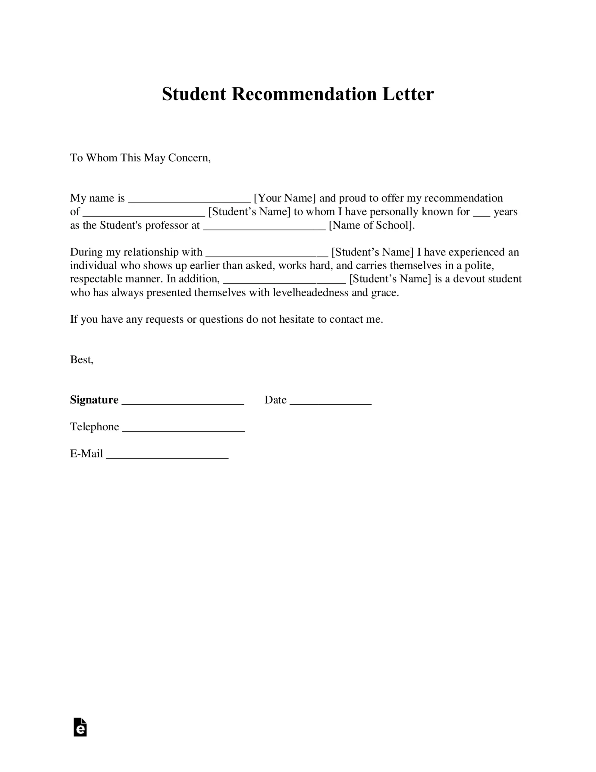 Free Student Recommendation Letter Template With Samples PDF Word EForms
