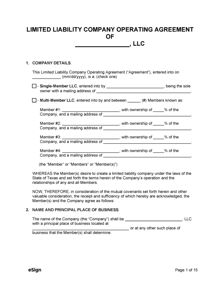 Free Texas LLC Operating Agreement Template PDF Word
