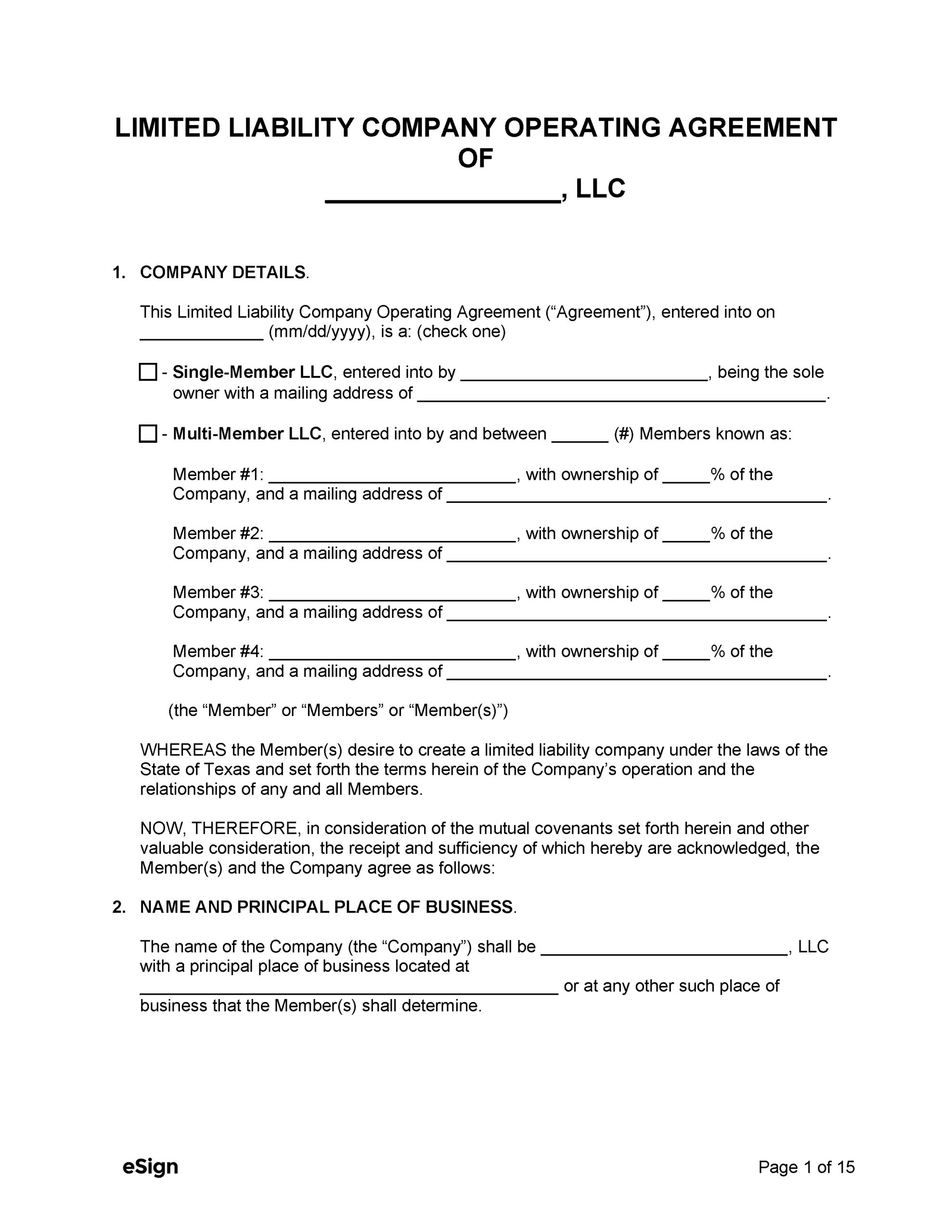 Free Texas LLC Operating Agreement Template PDF Word