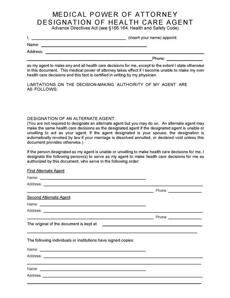Free Texas Medical Power Of Attorney Form PDF
