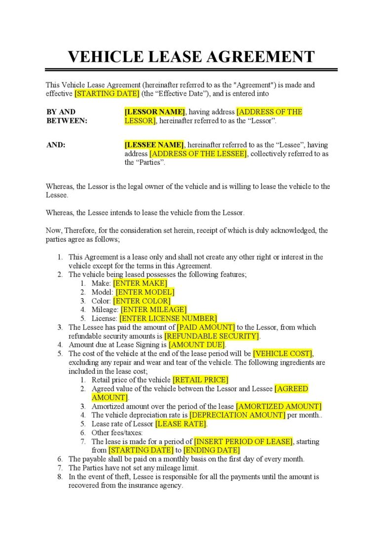 Free Vehicle Lease Agreement Template PDF Word