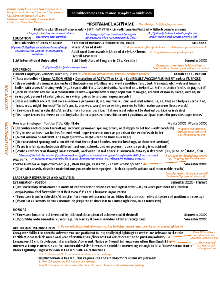 McCombs BBA Resume Template Formatting Content Guidelines Studocu