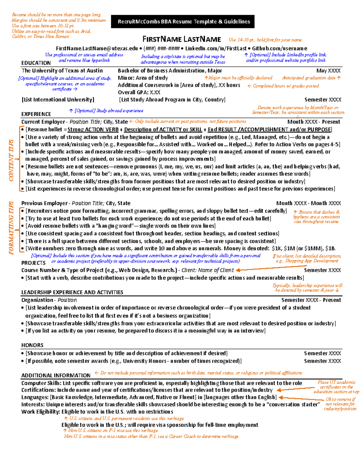 McCombs BBA Resume Template Formatting Content Guidelines Studocu