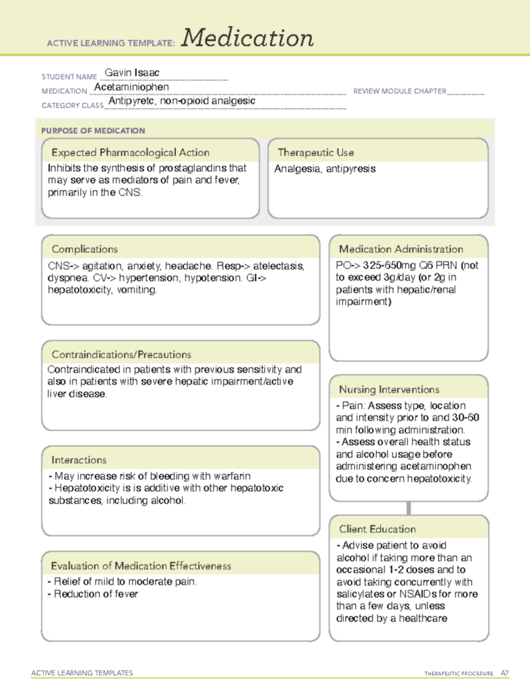 Med 101 Active Learning Template For Acetaminophen Overview Studocu