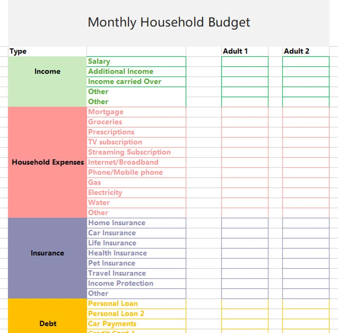 Monthly Household Budget Template Easy To Use Excel Spreadsheet Digital Download EUR Etsy