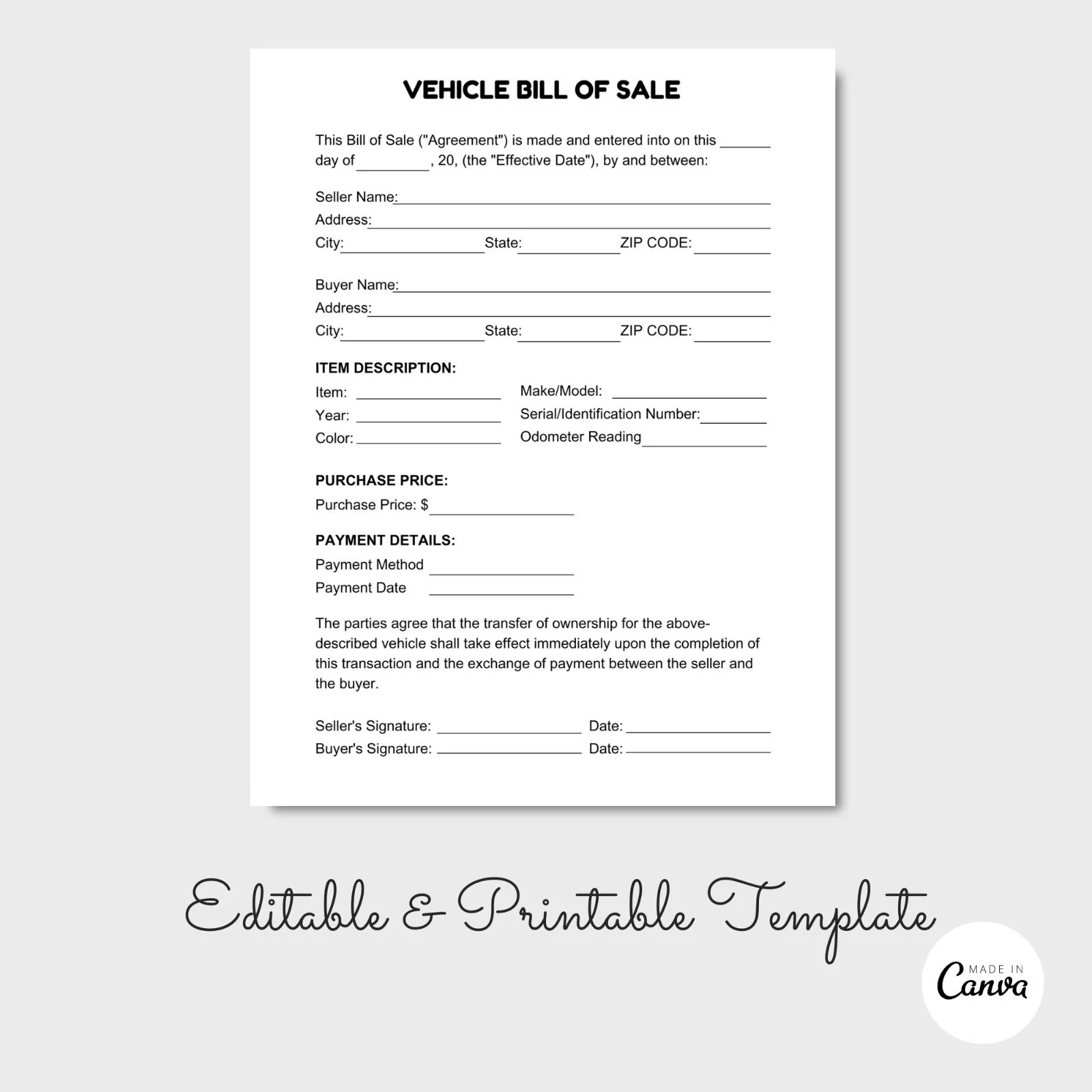 Moto Vehicle Bill Of Sale Car Sale Form Bill Of Sale Agreement Bill Of Sale Form Moto Vehicle Sale Contract Etsy