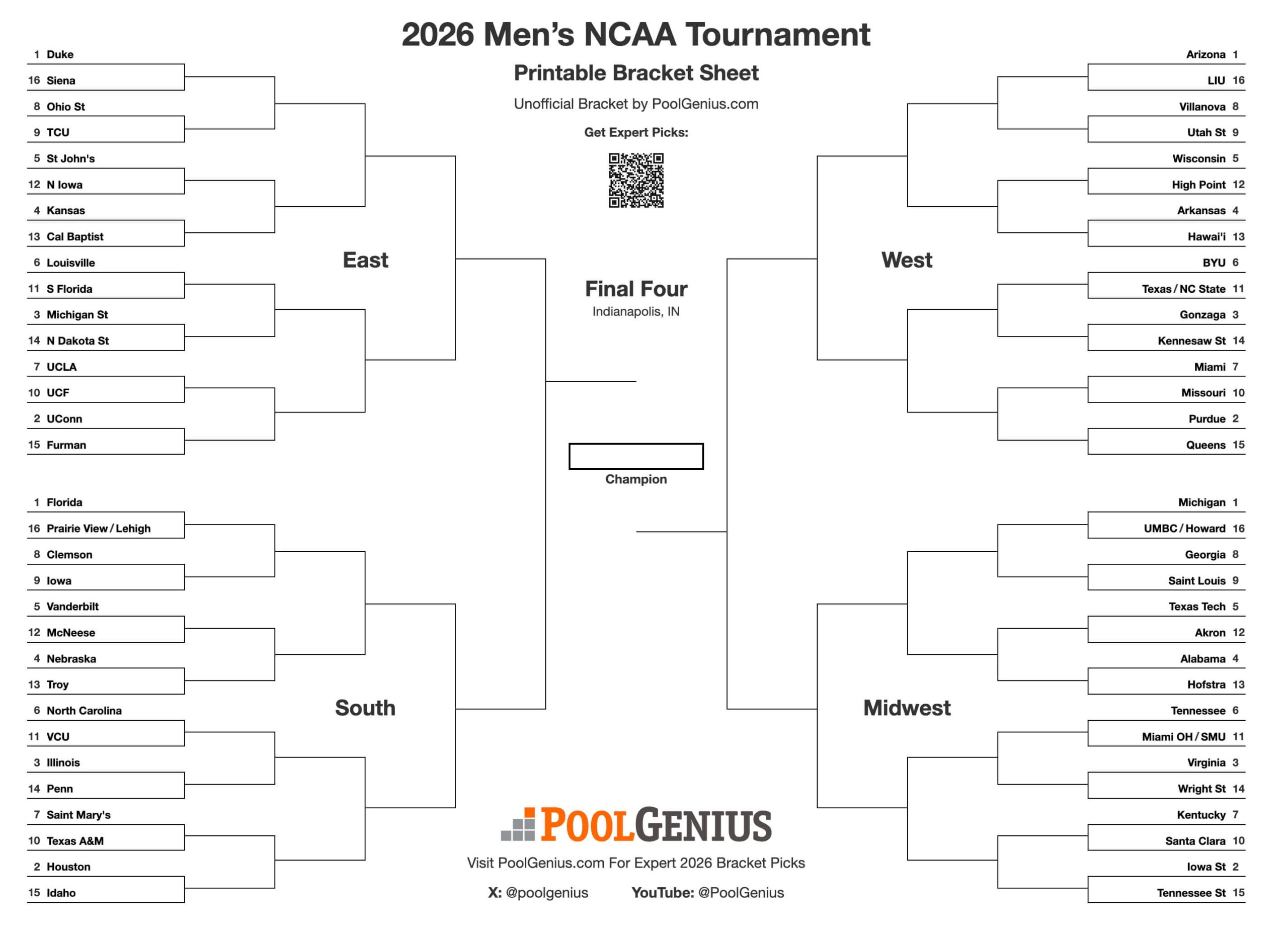NCAA Printable Bracket 2026 Free March Madness Brackets