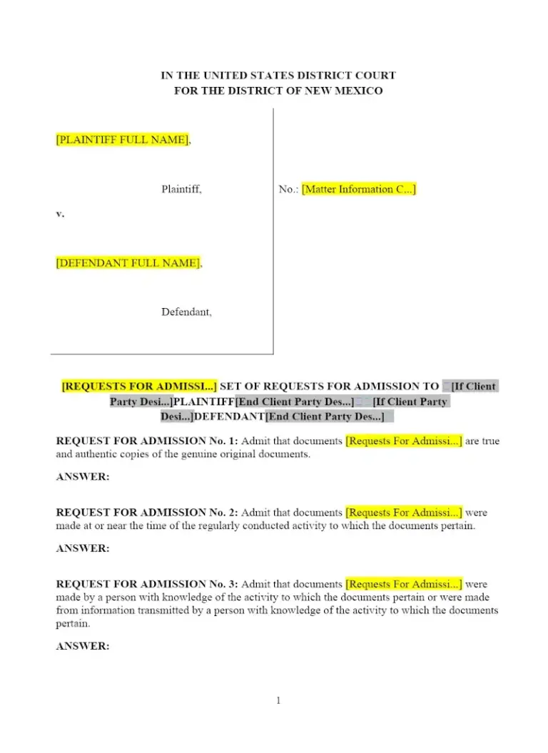 New Mexico Federal Requests For Admission Clio