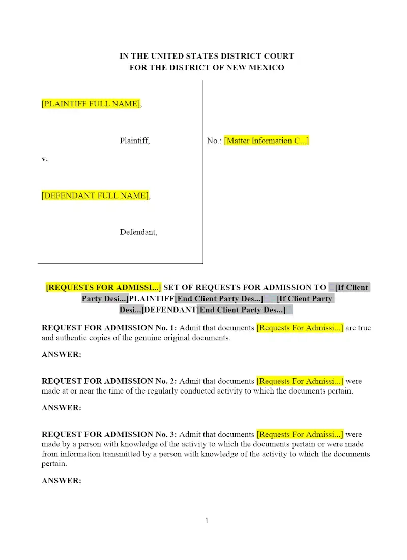 New Mexico Federal Requests For Admission Clio