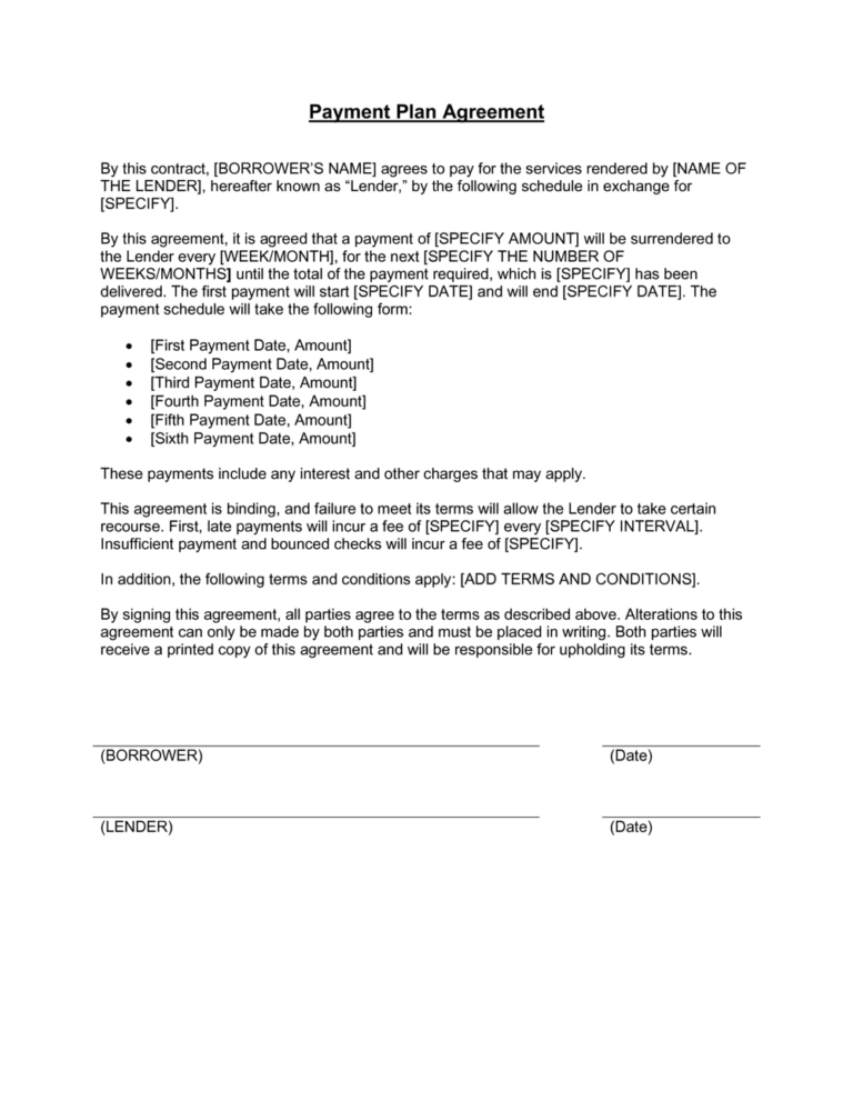 Payment Plan Agreement Template Free Word 