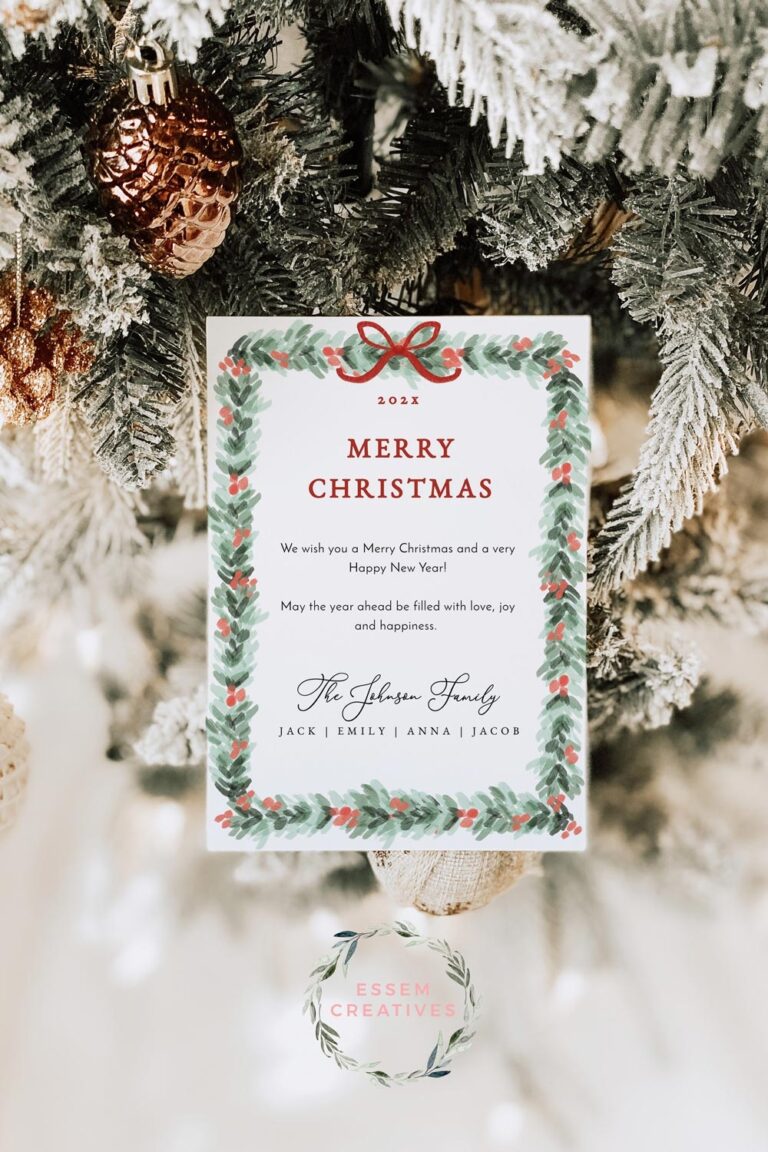 Printable Christmas Card Template Vertical Shop Holiday Card Template Dainty Greenery Border Watercolor Christmas Card Holly Border Bow Corjl 512 Essem Creatives Watercolor Clipart Business Branding