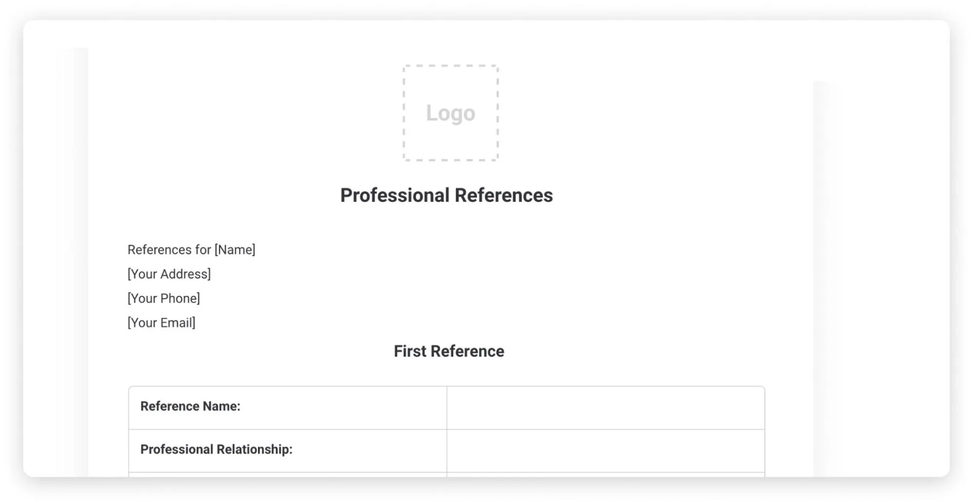 Professional References Template For Job Applications