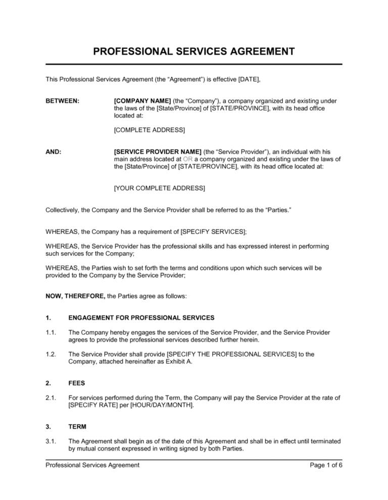 Professional Services Agreement Template Free Word 