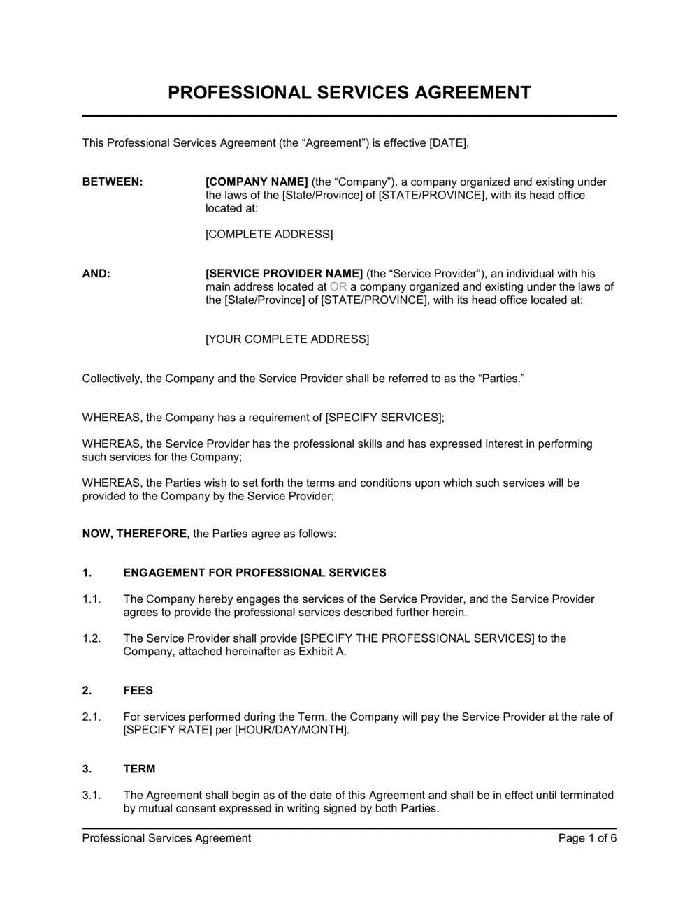Professional Services Agreement Template Free Word