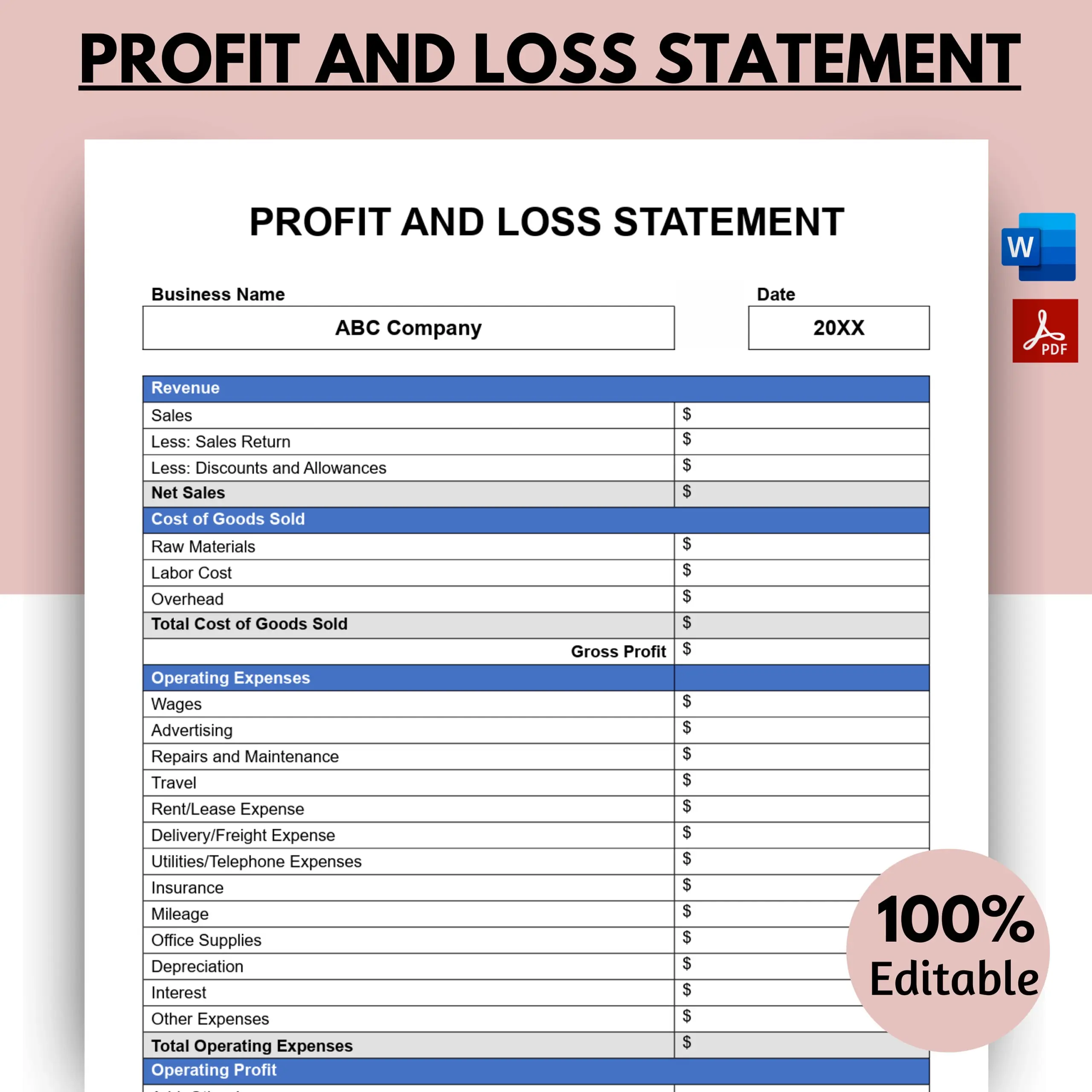 Profit And Loss Statement Template Expense Report Income Statement Bookkeeping Profit Calculator Financial Statement Small Business Etsy