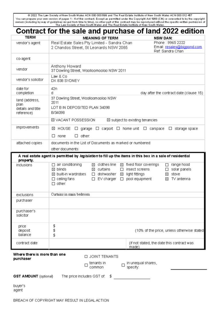PROP T1 A1 Sale And Purchase Contract For Land NSW 2022 Edition Studocu