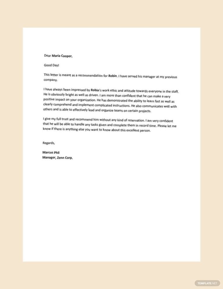 Recommendation Letter For Employee From Manager In Google Docs Word PDF Download Template