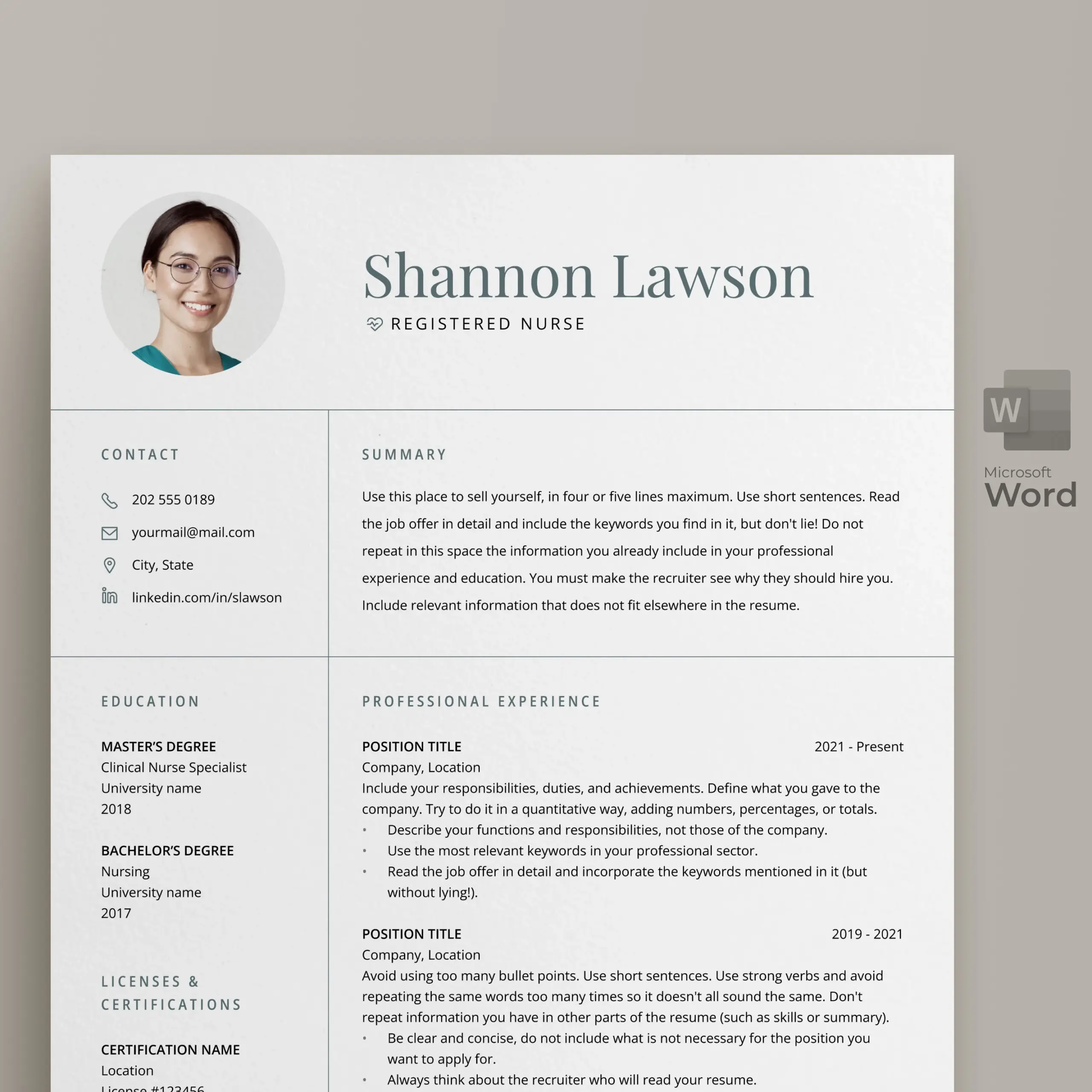 Registered Nurse Resume Template For Microsoft Word With Photo Includes 1 And 2 Page Resume Template Free Cover Letter And References RN Etsy Israel