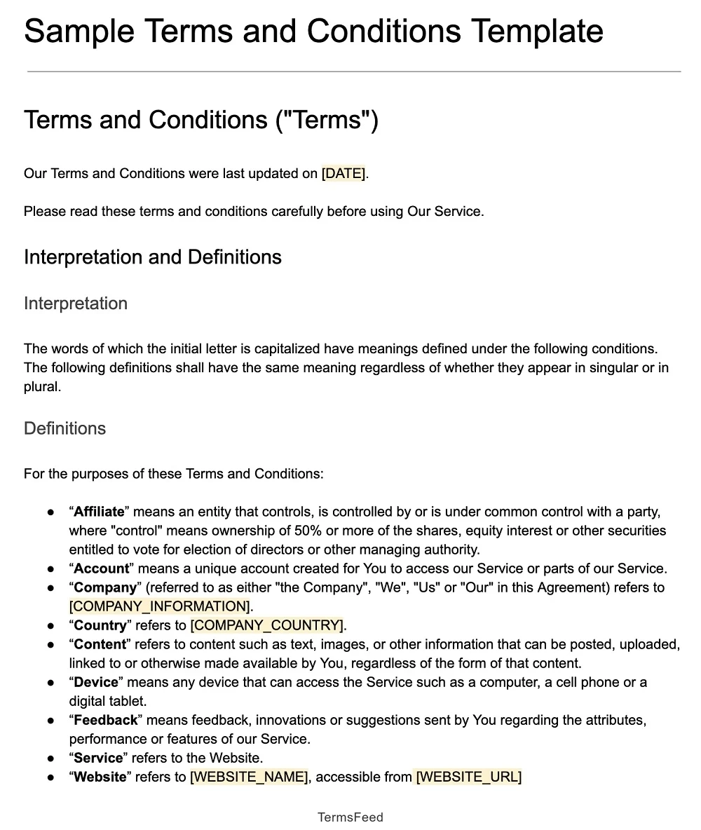 Sample Terms Conditions Template TermsFeed