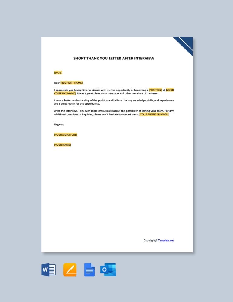 Short Thank You Letter After Interview In Google Docs Word Pages Outlook PDF Download Template