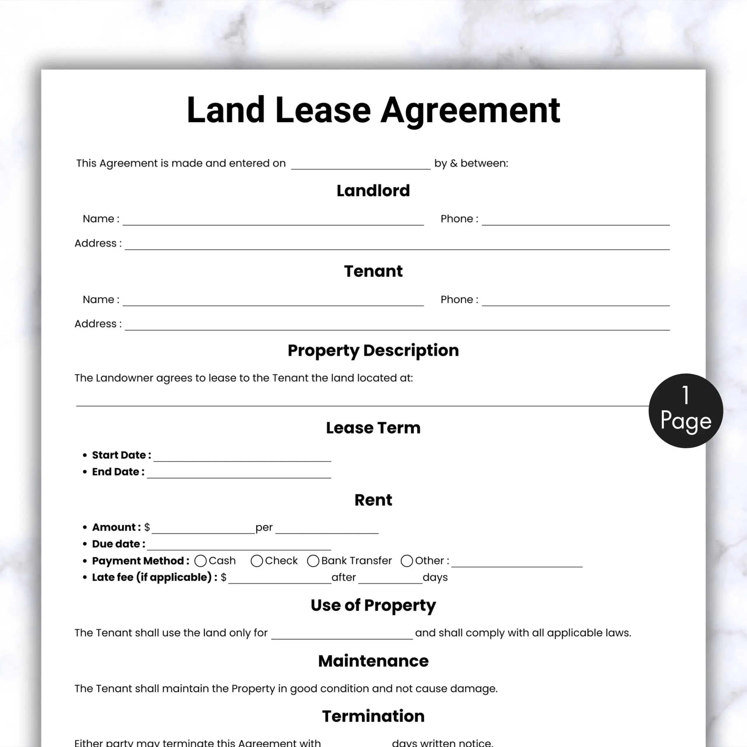 Simple Land Lease Agreement Template One Page Land Rental Contract Printable Editable Farm Property Rental Digital Farming Lease PDF Etsy